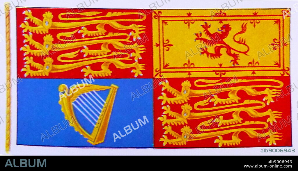 Illustration showing the Royal Standard used in England, Northern Ireland, Wales, and in overseas territories, The Royal Standard of the United Kingdom is flown when the Queen is in residence in one of the royal palaces and on her car, ship or aeroplane. It may be flown on any building, official or private, during a visit by the Queen.