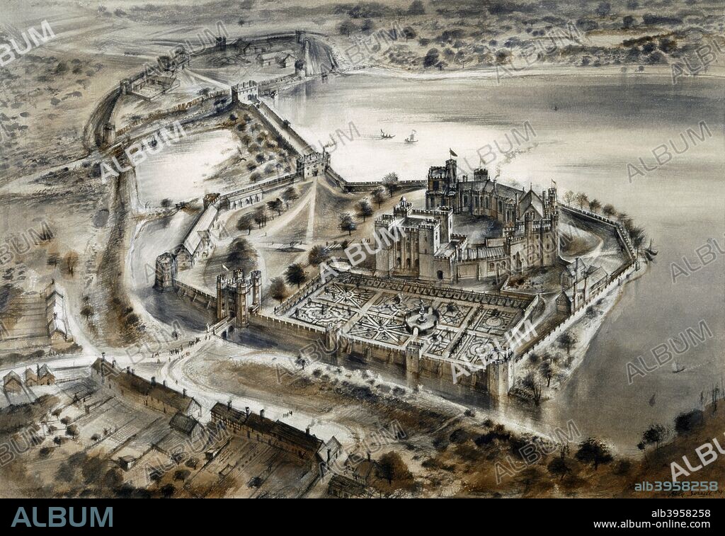 Kenilworth Castle, c1575, (c1960s). Reconstruction drawing of  Kenilworth Castle in Warwickshire, England s it might have appeared in 1575. Constructed from Norman through to Tudor times, the castle was the subject to the six-month-long Siege of Kenilworth in 1266, and formed a base for Lancastrian operations in the Wars of the Roses. Situated on the River Medway and Watling Street, Rochester served as a strategically important royal castle.
