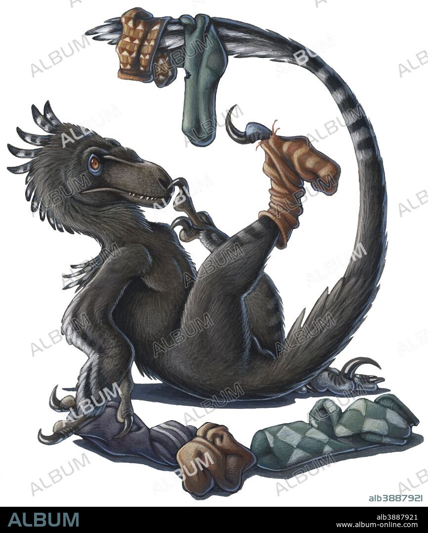 A playful Deinonychus dinosaur playing with socks. Acrylics and colored pencil.