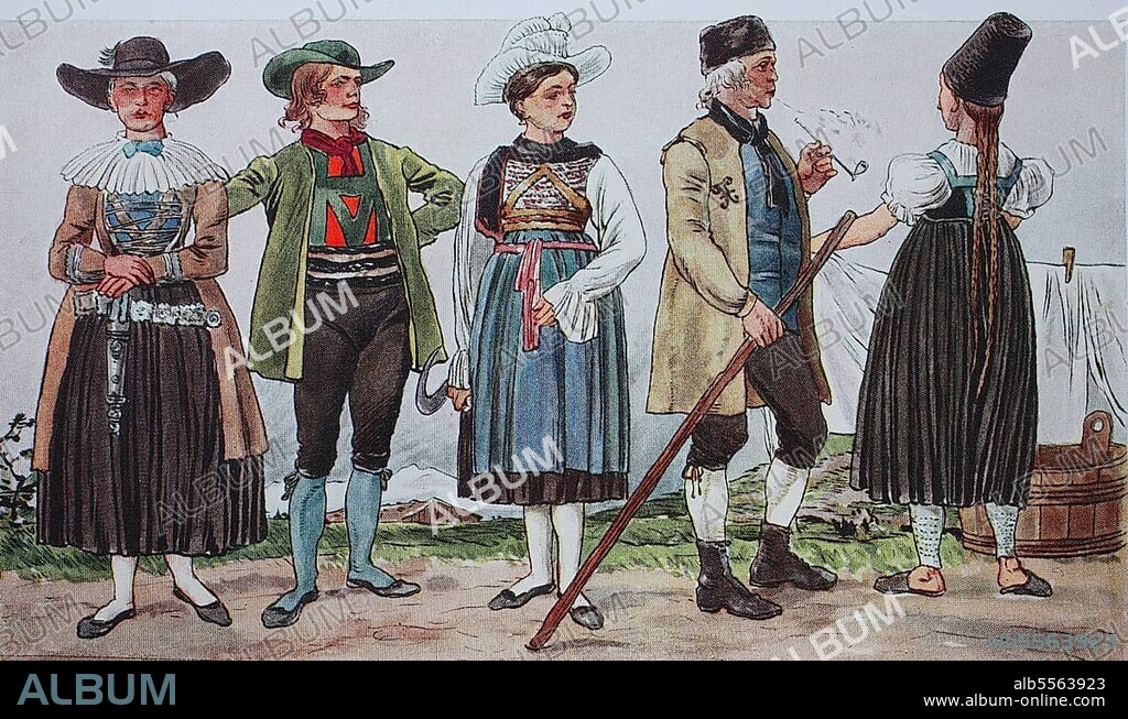 Mode, Trachten, Kleidung in Italien und Österreich um 1850, von links, Tracht in Kastelruth in Gröden, zweimal Tracht aus der Gegend von Bozen und ein Paar hohe Pelzmützen aus Pafflar, Vorarlberg, Österreich, digital verbesserte Reproduktion einer Illustration aus dem 19. Jahrhundert.