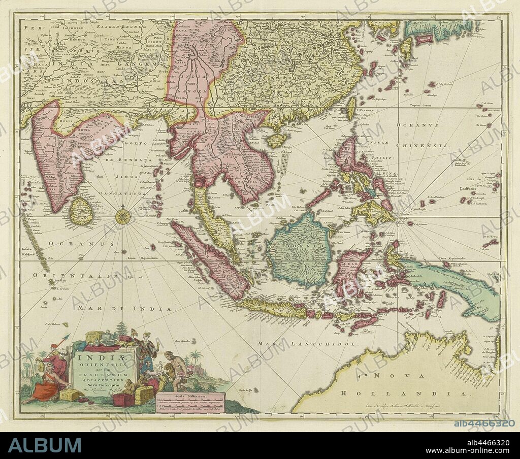 Map of Southeast Asia with Indonesian Archipelago Indiae Orientalis nec non insularum adiacentium nova descriptio (title on object), Map of Southeast Asia with Indonesian Archipelago, different areas of different colors. In the middle left a compass rose, bottom left at the cartouche inhabitants of various Asian countries, goods and landscape around the inscription. Bottom left also the scale in German and French miles (1: 250 000), maps of separate countries or regions, southeast Asia, Indonesia, Indonesian Archipelago, Nicolaes Visscher (I) (mentioned on object), Amsterdam, 1650 - 1700, paper, engraving, h 459 mm × w 555 mm.