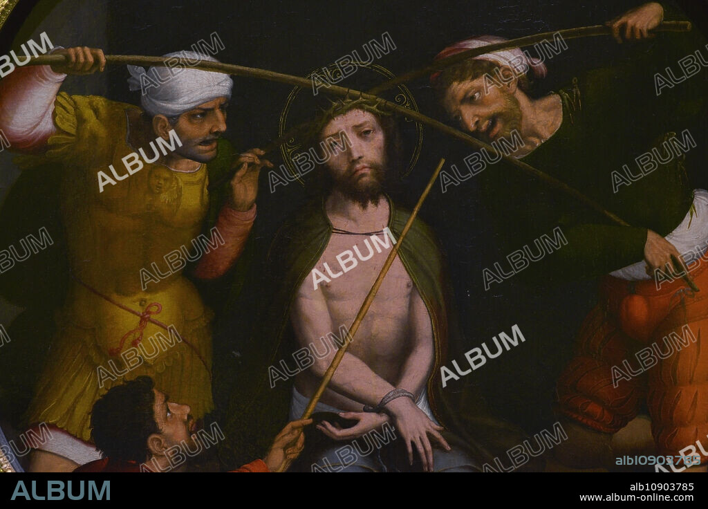 JUAN CORREA DE VIVAR (1510-1566). SPANISH PAINTER.. La Coronación de Espinas. Pintura por Juan Correa de Vivar (1510-1566), h. 1540-1545. Oleo sobre tabla. Detalle. Procede del antiguo Monasterio Cisterciense de Santa María la Real de Valdeiglesias, Pelayos de la Presa, Comunidad de Madrid. Museo de Santa Cruz. Toledo. España. (En depósito, Museo del Prado, Madrid).