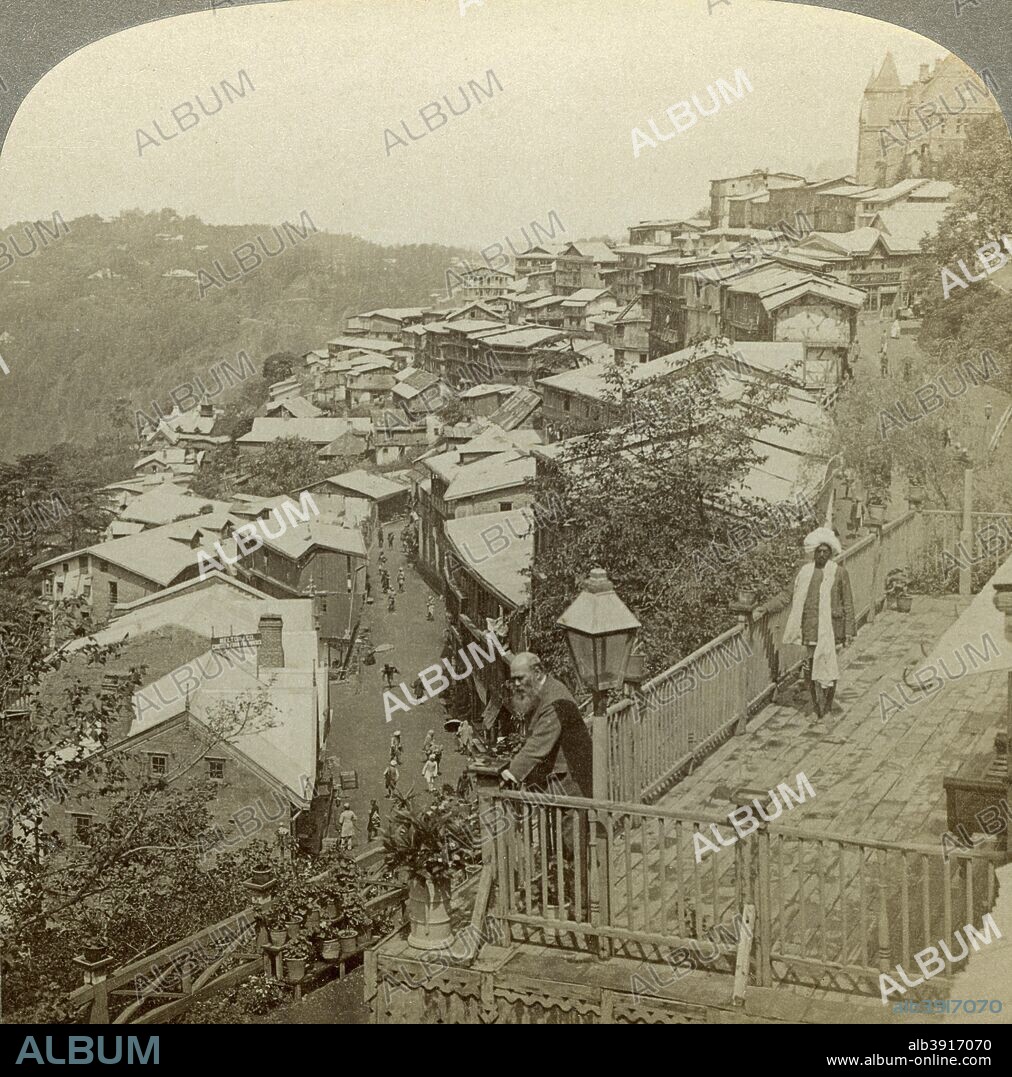 Simla, India's 'summer capital', c1900s(?). Stereoscopic card showing the view from Lowrie's Hotel to the Viceregal Lodge on Observation Hill. In the second half of the 19th century the Himalayan hill station of Simla (Shimla) was the capital of the British Raj in the summer months when the heat of Delhi and Calcutta became too oppressive for Europeans.