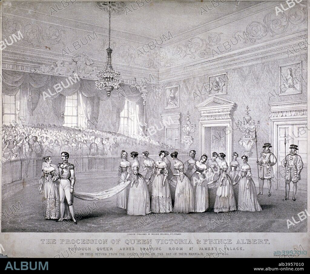 Wedding of Queen Victoria and Prince Albert, St James's Palace, Westminster, London, 1840. View of the procession of Queen Victoria and Prince Albert through Queen Anne's Drawing Room, St James's Palace, on the day of their marriage.