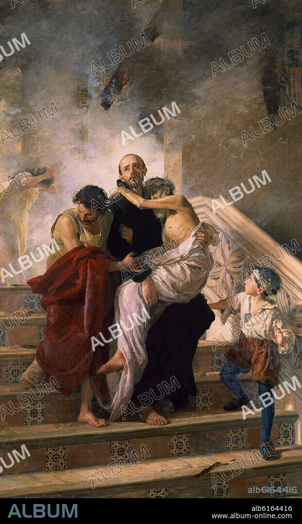 MANUEL GOMEZ MORENO GONZALEZ (1834-1918). SAN JUAN DE DIOS SALVANDO DEL INCENDIO A LOS ENFERMOS DEL HOSPITAL REAL DE GRANADA, 1880.