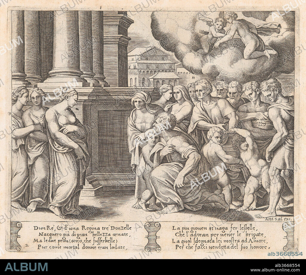 Plate 2: People rendering divine honors to Psyche, from the Story of Cupid and Psyche as told by Apuleius. Artist: Master of the Die (Italian, active Rome, ca. 1530-60); After Michiel Coxie (I) (Netherlandish, Mechelen ca. 1499-1592 Mechelen). Dimensions: Sheet: 10 1/4 × 15 13/16 in. (26 × 40.2 cm)
Plate: 7 3/4 × 9 1/4 in. (19.7 × 23.5 cm). Publisher: Antonio Salamanca (Salamanca 1478-1562 Rome). Series/Portfolio: The Story of Cupid and Psyche as told by Apuleius. Date: 1530-60.
This book contains 32 plates bound together, 3 of which are by Agostino Veneziano.
