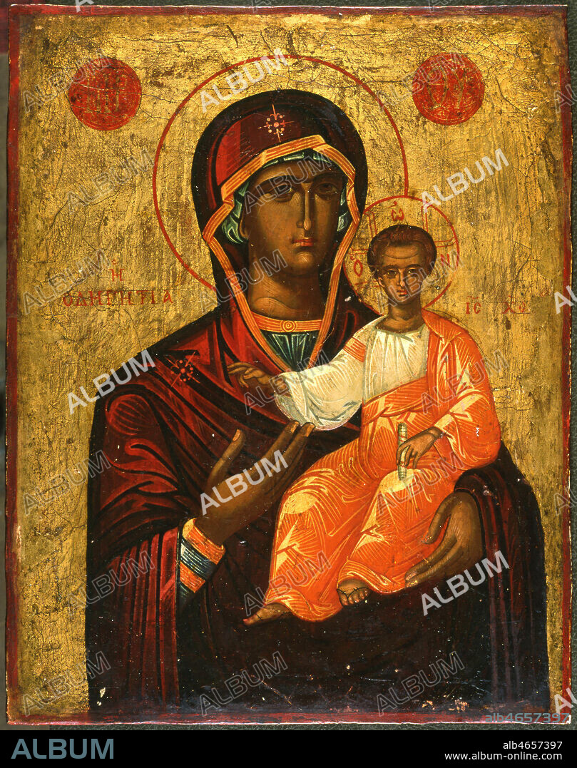 Icone orthodoxe du 18eme s. representant une Vierge Hodigithria a l'enfant Jesus tenant la Loi dans sa main. La VIERGE Marie l'indique comme la Voie. Credit : Coll. Perrin/KHARBINE-TAPABOR.