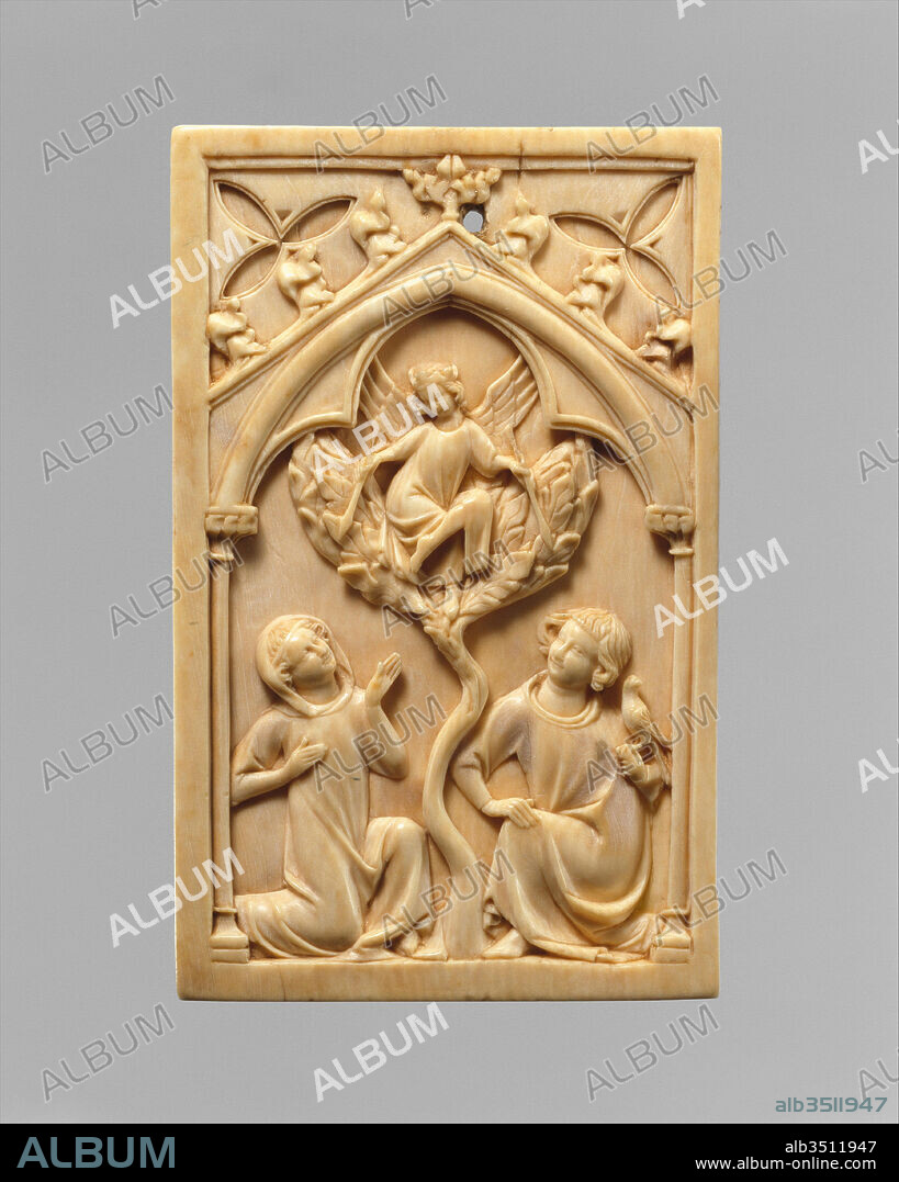 Cover of a Writing Tablet, ca. 1325–50, Made in Paris, Île-de-France, France, French, Ivory, Overall: 3 11/16 x 2 5/16 x 5/16 in. (9.3 x 5.9 x 0.8 cm), Ivories, Both sides of this ivory reveal scenes of courtship taking place under trefoil arches. On one side (not shown), a man holding a bird of prey- a symbol of his status- has received a coronet from a woman and reciprocates by crowning her, thus signifying her victory in winning his love.
