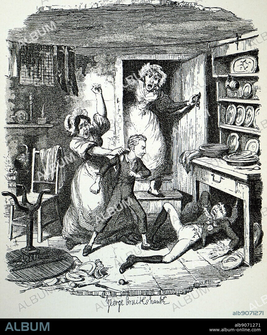 Illustration depicting the character Oliver Twist: Oliver, unhappily apprenticed to the under-taker Sowerby, being pulled off by his tormentor Noah Claypole, and restrained by the maid Charlotte, while Mrs Sowerby shouts from the doorway. Illustrated George Cruikshank (1792-1878) a British caricaturist and book illustrator. Dated 19th century.