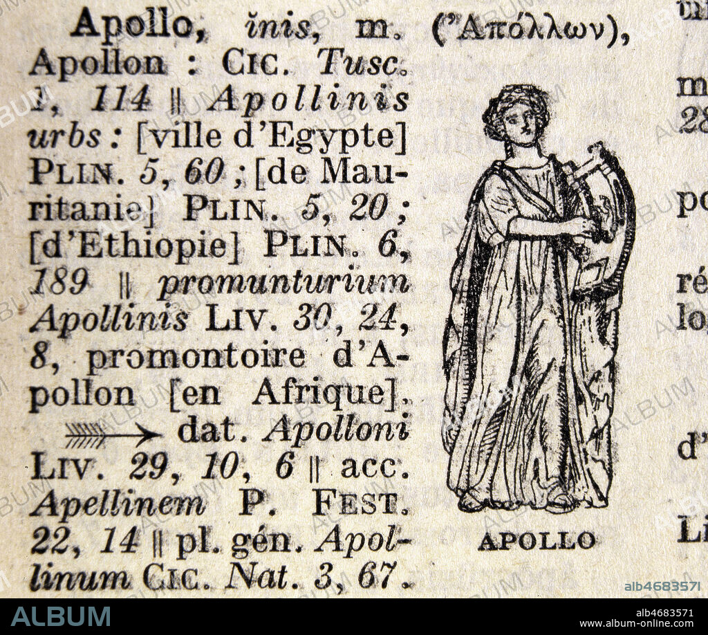 Article Apollo tire du Dictionnaire Latin-Francais de Felix GAFFIOT (1870-1937). Credit : Jean Vigne/KHARBINE-TAPABOR.
