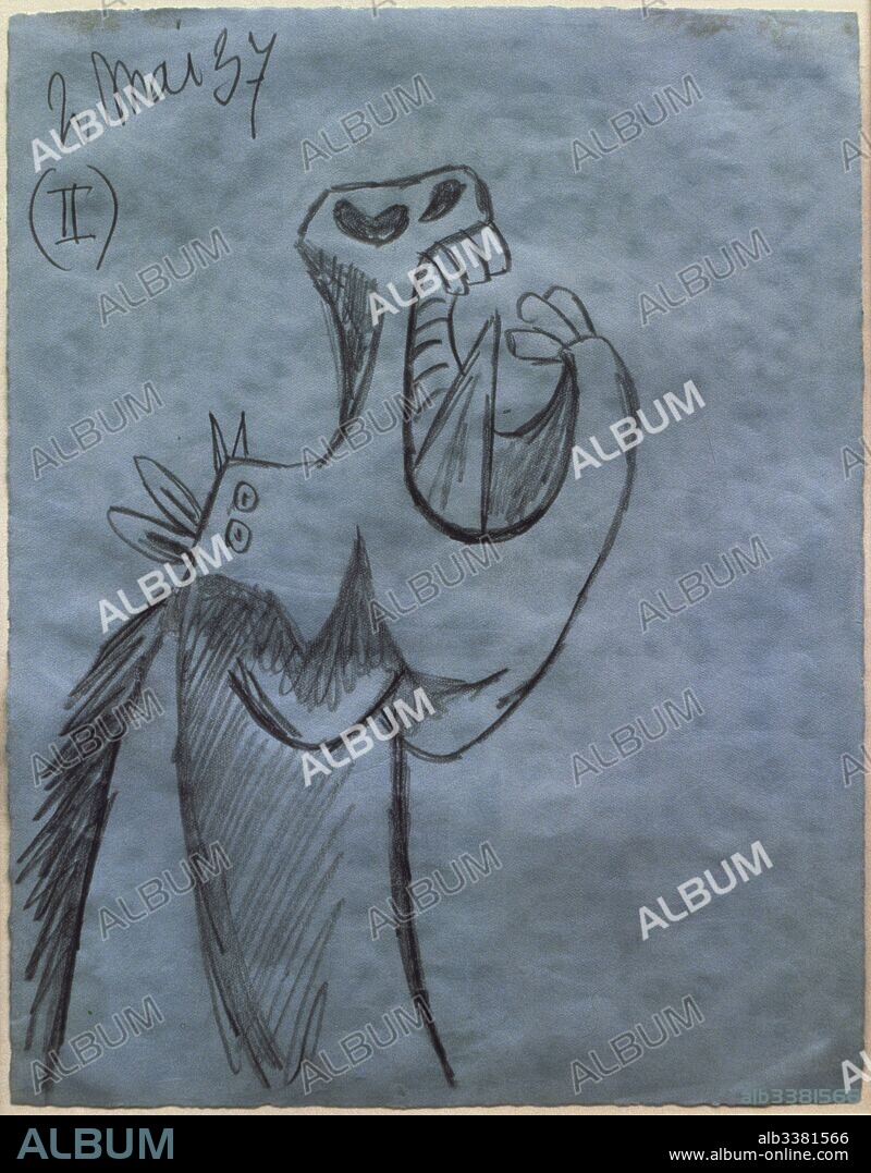 Pablo Picasso (Málaga,1881-Mougins,1973). Pintor español. Estudio para la cabeza del caballo (II) para"El Guernica" (París,2 de mayo de 1937). Obra inspirada en un episodio de la guerra civil española. Grafito sobre papel azul (26.9 x 21 cm). Museo Reina Sofía. Madrid. España.
