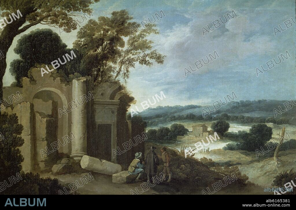 FRANCISCO COLLANTES (1599 / ?-1656). PAISAJE CON RUINAS - SIGLO XVII - OLEO/LIENZO - 67 x 105 cm - BARROCO CLASICISTA.