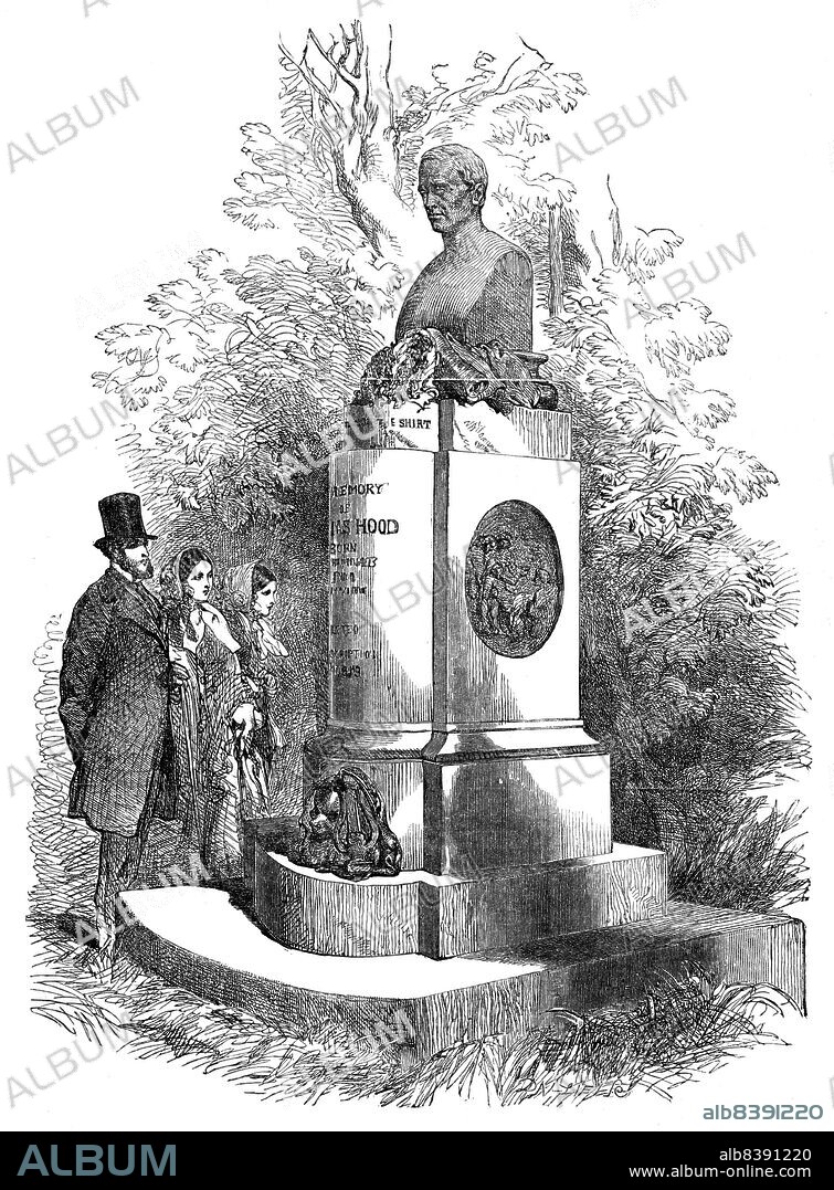 The Hood Memorial, at Kensal-Green, 1854. Monument commemorating poet Thomas Hood in Kensal Green Cemetery, London. 'The Memorial is an appropriate and tasteful composition, and will add much to the reputation of the sculptor, Mr. Matthew Noble...It consists of a large bronze bust of the Poet, elevated on a pedestal of polished red granite; the whole twelve feet high. In front of the bust (which is pronounced an excellent likeness, and has been modelled from authentic portraits) are placed three [bronze] wreaths, formed of the laurel, the myrtle, and the immortelle. On a slab...appears Hood's simple self-inscribed epitaph: "He sang the ' Song of the Shirt.'' Upon...the pedestal is carved this incription: In Memory of Thomas Hood. Born, 23rd May, 1798 ; died, 3rd May, 1845. Erected by Public Subscription, A.D. 1854. For the entire monument Mr. Noble will receive £400...'. From "Illustrated London News", 1854.