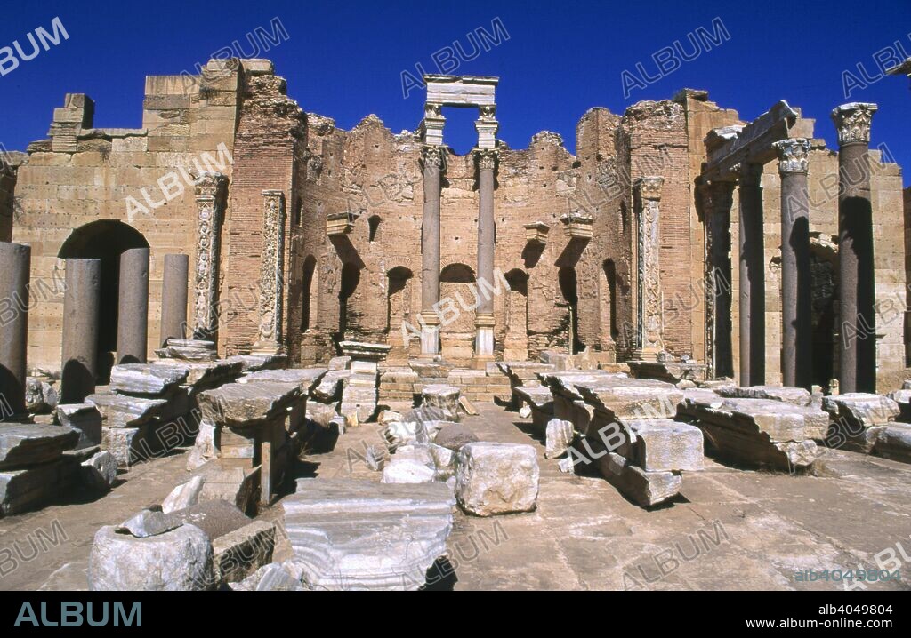 Severan Basilica, Leptis Magna, Libya, 216 AD. Remains of the temple built by the Libyan-born Roman emperor Severus (Lucius Septimius Severus) (146-211 AD).