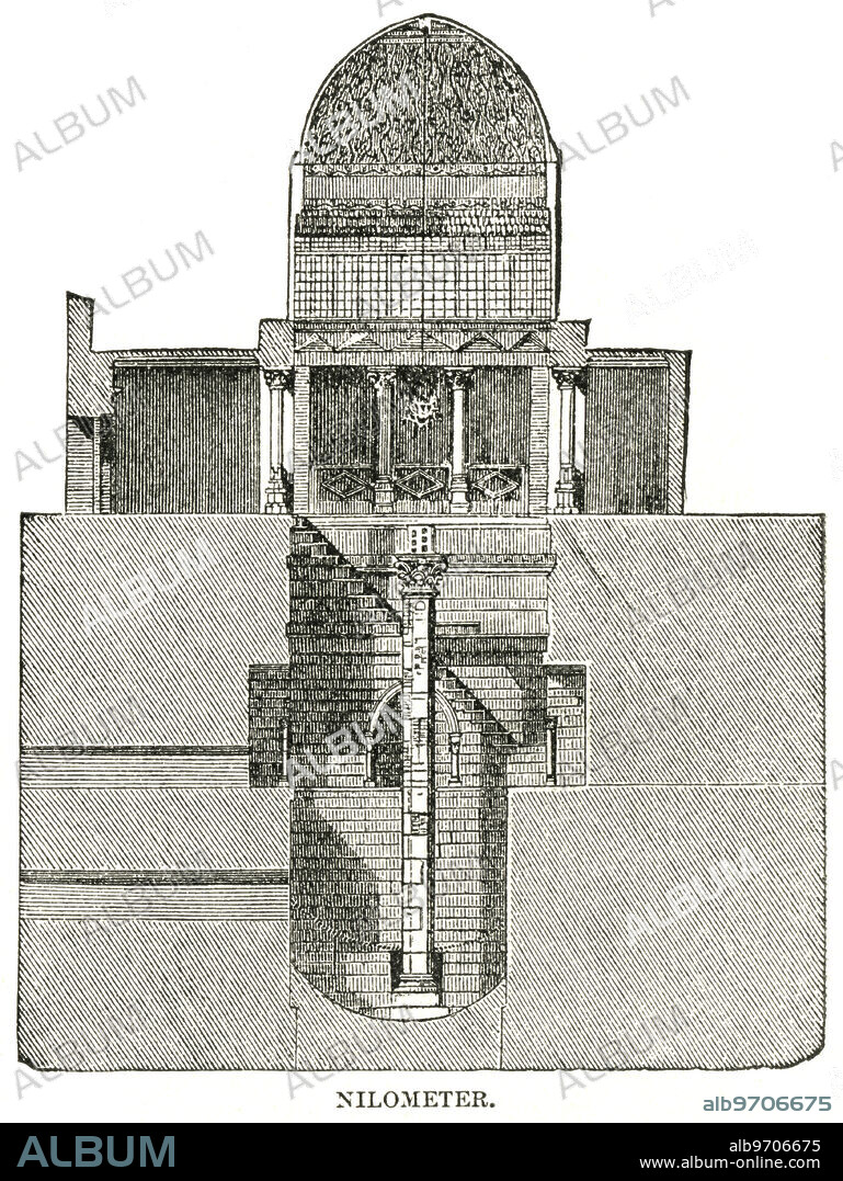 Nilometer, Device for Measuring Water Level in the Nile, Egypt, Illustration, Cyclopaedia of Universal History, Volume 1, The Ancient World, by John Clark Ridpath, the Jones Brothers Publishing Company, 1885.