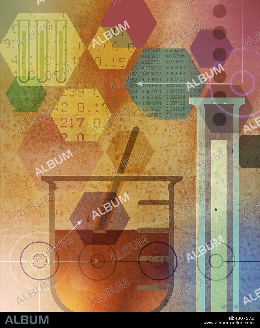 Abstract hexagon pattern with science research experiment and data.