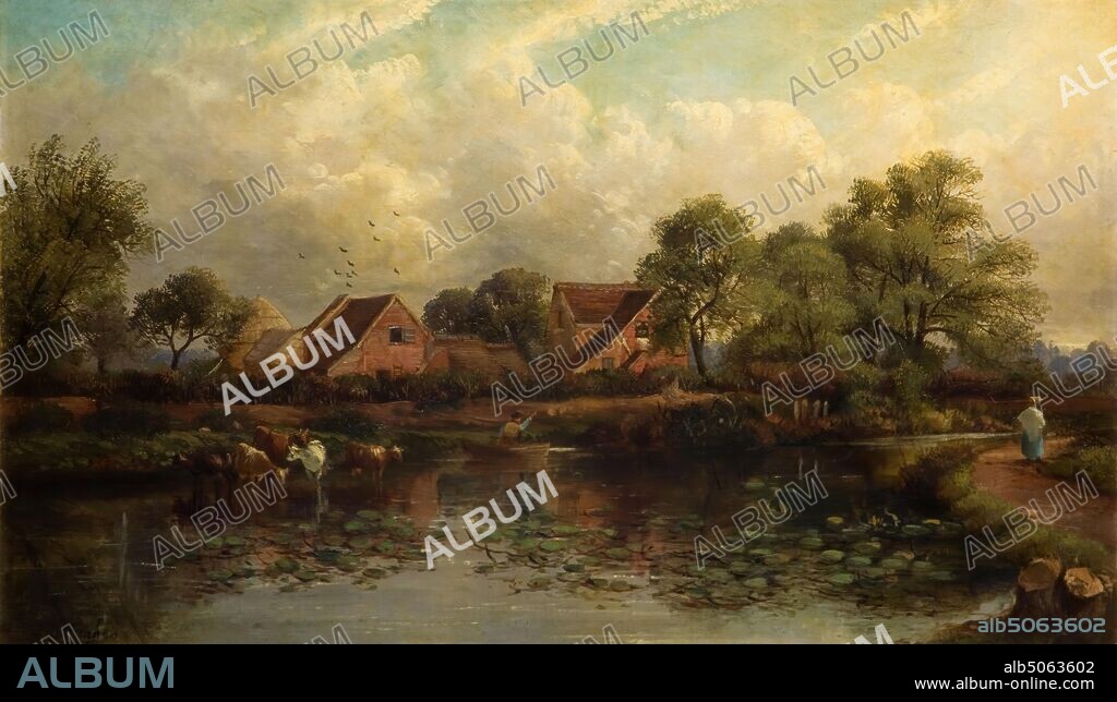 Farm in Wood Lane Handsworth, 1850-1908 John Joseph Hughes, Now Handsworth, Birmingham, Tree, Landscape, Oil Painting, Blue sky, Cloud, Animal, Cow, Farming, Architecture, House, Stream, Woodland.