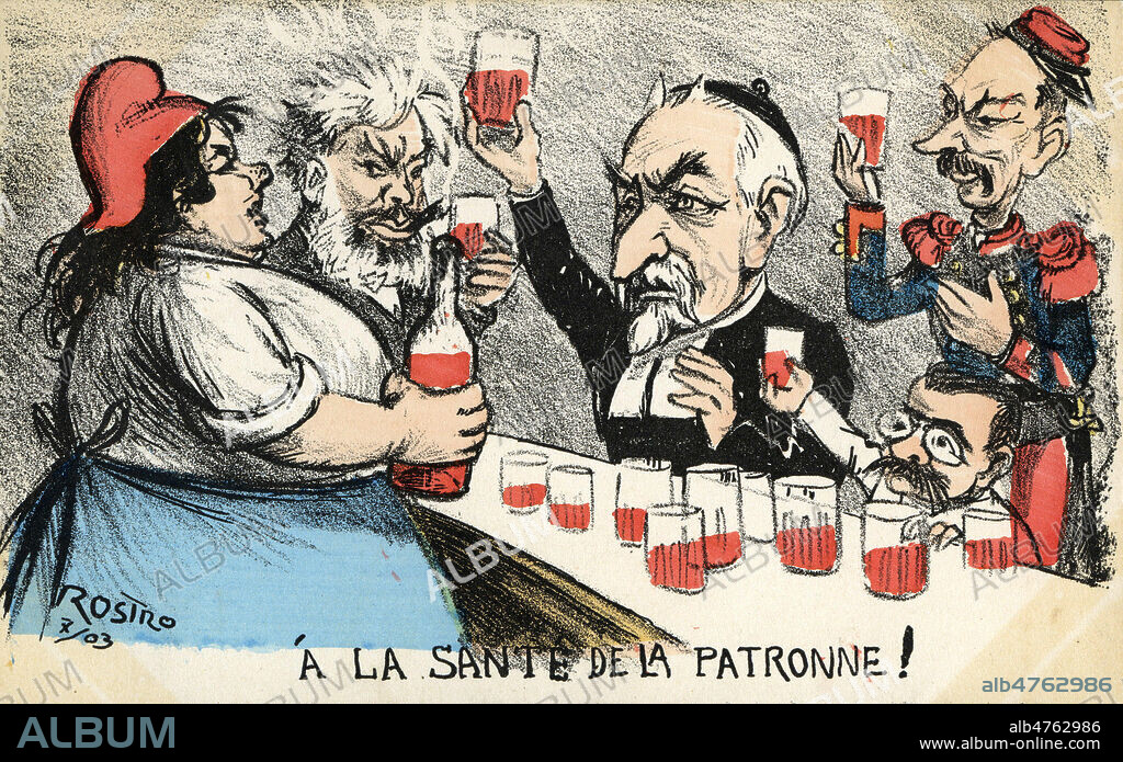 'A la sante de la patronne !' : Marianne en tenanciere de bistrot sert des verres de vin a Emile Combes caricature en cure, et a des membres de son gouvernement : Camille Pelletan, le General Andre et Delcasse. Illustration par ROSTRO pour une carte postale de 1903. Credit : IM/KHARBINE-TAPABOR.