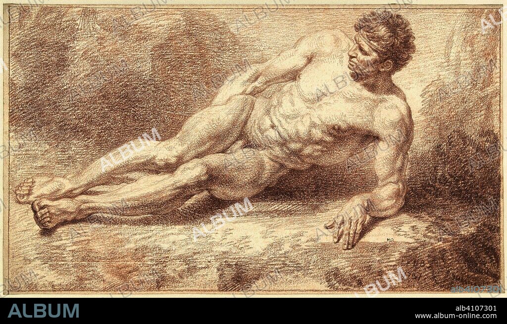 Male nude, lying on the side, leaning on the left arm. Draughtsman: Louis Fabritius Dubourg (mentioned on object). Dating: 1737. Measurements: h 258 mm × w 445 mm.