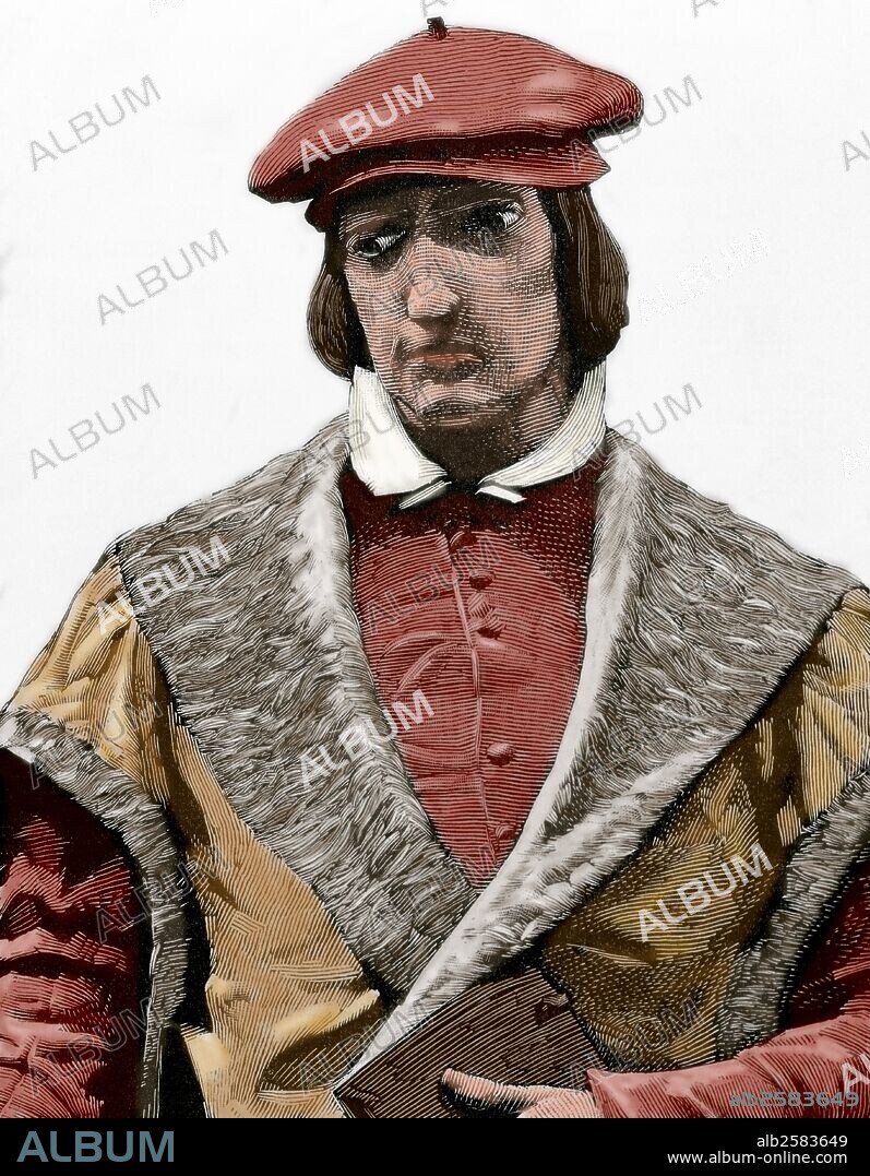 VIVES, Juan Luis (Valencia, 1492-Brujas, 1540). Humanista y filósofo español, exiliado de España por su origen judío. Formado en París (1509-1512). Profesor en Lovaina (1519) y preceptor de María de Gales. Grabado coloreado.