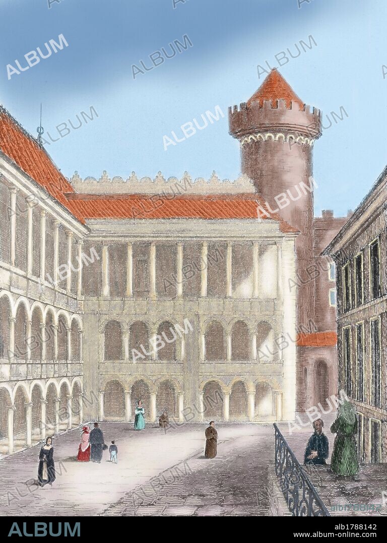 POLONIA. PALACIO REAL DE CRACOVIA realizado en el siglo XIV por el mandato de Casimiro el Grande. Grabado coloreado del S. XIX.