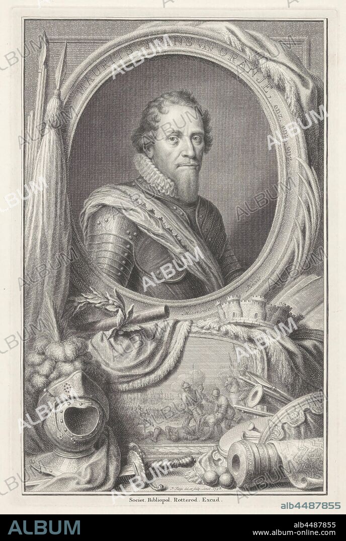 Portrait of Maurits, Prince of Orange, Portrait of Maurits in an oval with border lettering. Around it are a number of allegorical objects, including a scepter, laurel wreath, wall crown, helmet, sword and cannon. On the relief the Battle of Nieuwpoort, 2 July 1600, city crown, mural crown, hacking and thrusting weapons: sword, Maurits (Prince of Orange), Pieter Tanjé (mentioned on object), 1748, paper, etching, h 368 mm × w 242 mm.