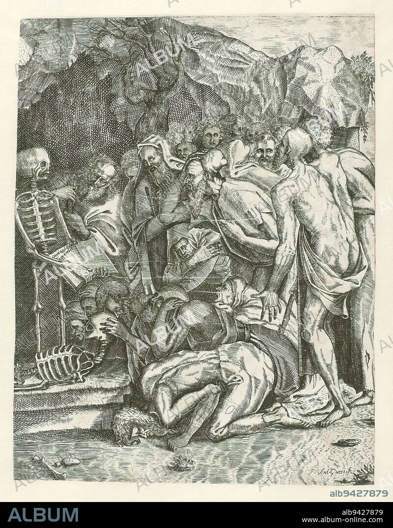 Allegory of Death, A large group of old men kneeling at the entrance to a cave before a skeleton holding up a book with the inscription, 'Quidquid latet apparebit' (taken from the Dies Irae). Below the skeleton is a second skeleton whose skull is touched by a bearded man. A man in the foreground lies bent with his head against the ground., print maker: Antonio Gucci, (mentioned on object), after print by: Marco Dente, after design by: Baccio Bandinelli, Italy, c. 1550 - c. 1600, paper, engraving, height 275 mm × width 214 mm.
