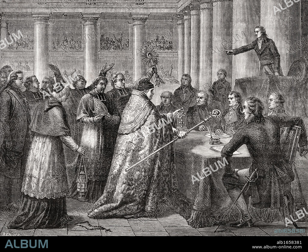 Gobel resigns his episcopal office,1793. Jean-Baptiste-Joseph Gobel, 1727-1794. French ecclesiastic, politician and archbishop of Paris.Engraved by Launy Marchand after Renaud. From "Histoire de la Revolution Francaise" by Louis Blanc.