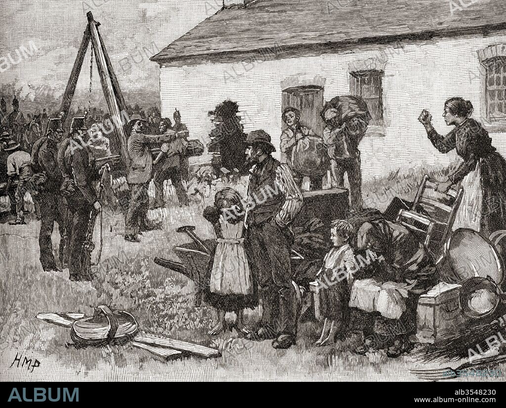 An Irish family is evicted from their home due to non payment of rent, Ireland, 1870. From The Century Edition of Cassell's History of England, published c. 1900.