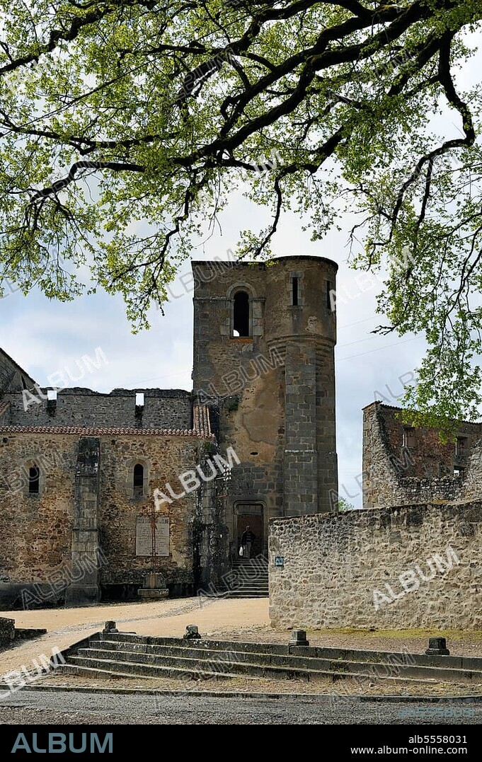 Burnt church. The burnt village of Oradour-sur-Glane was destroyed on 10 June 1944 when 642 of its inhabitants, including woman and children, were massacred by a German Waffen SS company, Limousin, France, Europe.