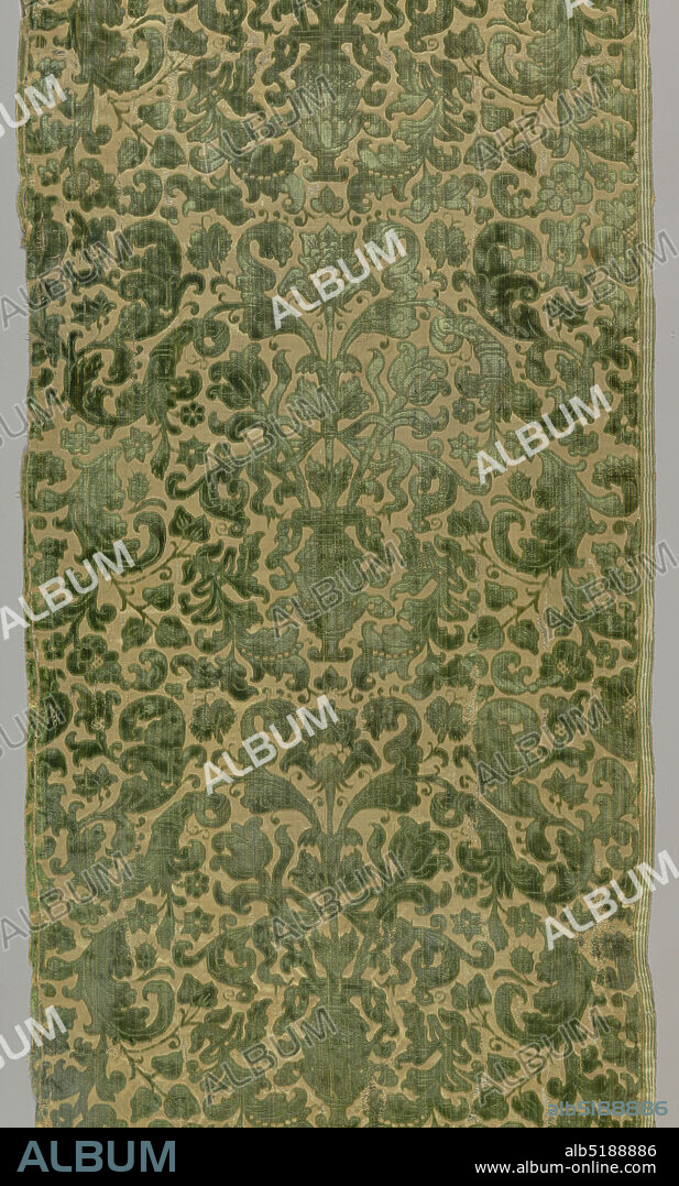 Textile, Medium: silk Technique: cut and uncut loops of a supplementary warp (green) in a 7 & 1 satin foundation (white), Vase and scroll pattern in green on cream., Italy, 17th century, woven textiles, Textile.