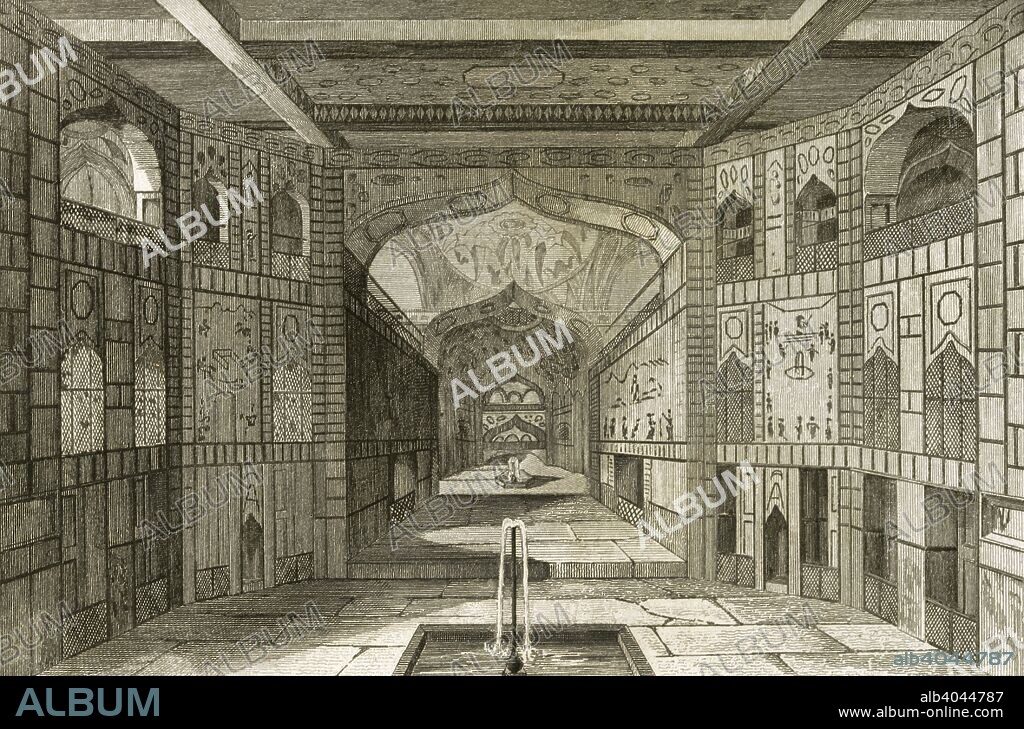 Persia (Irán). Ciudad de Ispahán. Palacio de Chehel Sotún (el de las cuarenta columnas). Dinastía Safávida. Siglo XVII. Sala del Paraiso. Grabado por Lemaitre. Panorama Universal. Historia de la Persia,1851. Biblioteca Histórico Militar de Barcelona, Cataluña, España.