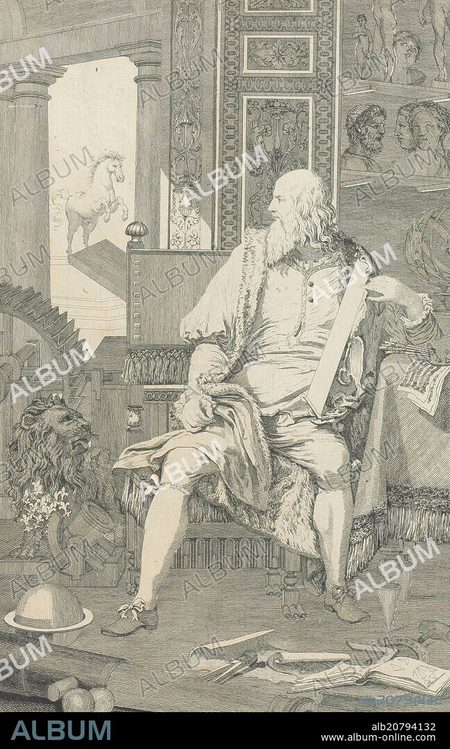 DOMENICO CUNEGO. PORTRAIT OF LEONARDO DA VINCI IN HIS STUDY IN MILAN - ENGRAVING - 18TH CENTURY.