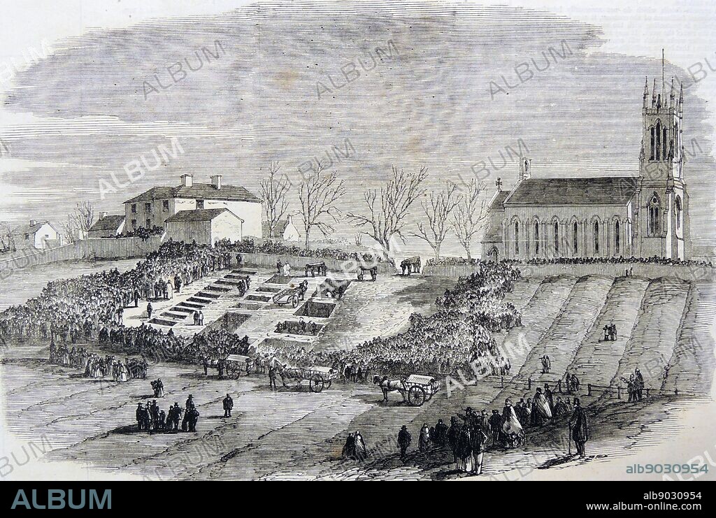 Hartley Colliery Pit Disaster, Northumberland, 16 January 1862. 220 lives were lost. Burying the pitman near Earsdon Church. Engraving, London, 1862.
