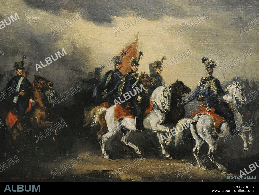 Piotr Michalowski (1800-1855). Pintor polaco. Húsares azules, 1836. La pintura representa a una unidad de húsares austríacos, con el color de los uniformes que les sirvió para ser llamados azules. Estos regimientos estaban asentados cerca de Cracovia, en Podgórze. Galería de Arte Polaco del siglo XIX (Lonja de los Paños, Sukiennice). Museo Nacional de Cracovia. Polonia.
