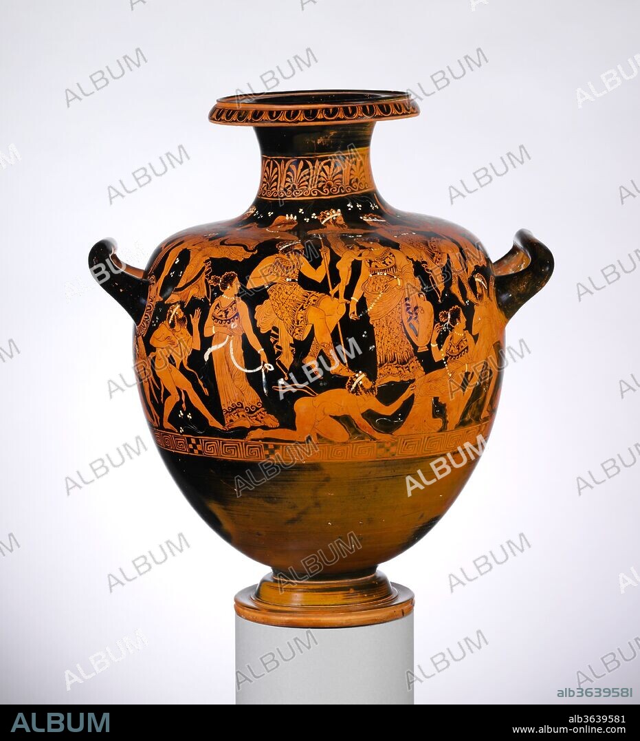 Terracotta hydria: kalpis (water jar). Culture: Greek, Attic. Dimensions: H. 17 3/16 in. (43.6 cm); diameter of mouth  6 9/16 in. (16.7 cm); diameter of foot  6 1/16 in. (15.4 cm). Date: early 4th century B.C..
Poseidon and Amymone with Amphitrite, Aphrodite, Dionysos, satyrs, and maenads
The subject here is the same as on the hydria 56.171.55, and the general composition is similar. Interesting differences include the greater prominence of Amymone and the presence of Amphitrite, Poseidon's consort.