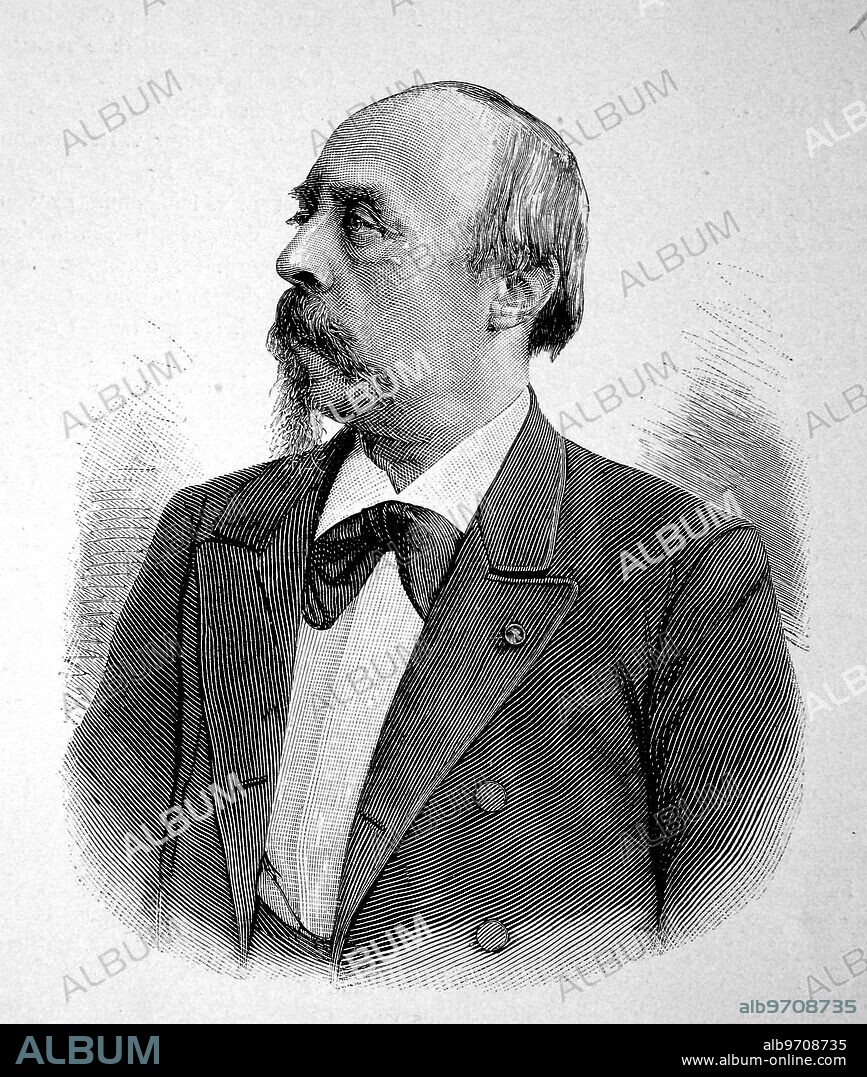 Baron Hans Guido von Buelow, January 8, 1830 - February 12, 1894, was a German conductor, virtuoso pianist, and composer of the Romantic era, historic illustration, woodcut.