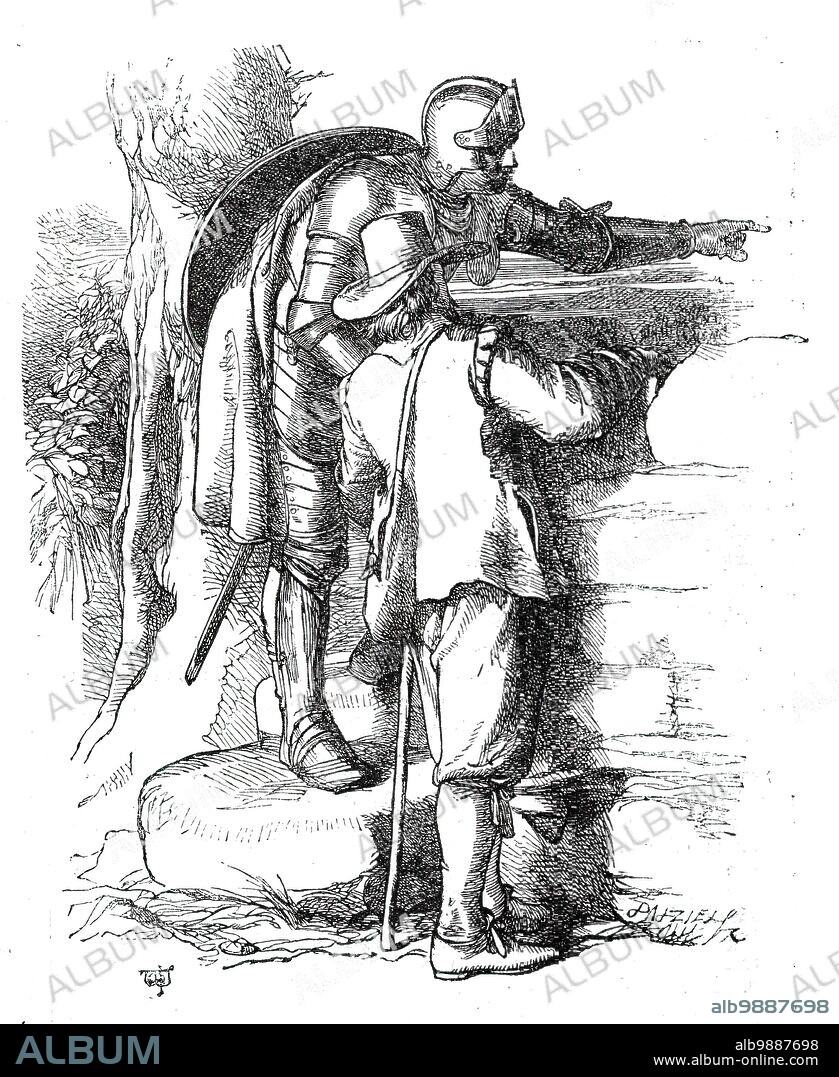 Christian and Hopeful at the stile leading into By-Path Meadow, from "The Pilgrim's Progress", 1860. 'The personages of the book, as they appear in Mr. Watson's pictures, are clothed in the garb of the period at which Bunyan wrote; and the characteristics of each have been portrayed with singular point and effect...[Shown here is] the point where Christian, having long assumed his suit of armour, in company with Hopeful, pauses at the stile which leads to By-path Meadow, and so takes them out of the way, for a space, of the road which leads to the Celestial Gate....Of course, the pictorial character of the edition of "The Pilgrim's Progress" is intended as its chief claim to attention. But there have been great pains and care expended on the editorial department of that which is confessedly an English classic. The book is reproduced mainly, if not entirely, in the form in which it was published by Bunyan himself...there is every mark that the editing of the work has been a labour of love...'. Illustration from "The Pilgrim's Progress. A new Edition, with Memoir and Notes", by George Offor. Illustrated by J. D. Watson, (Routledge). Published in "Illustrated London News", 1860.