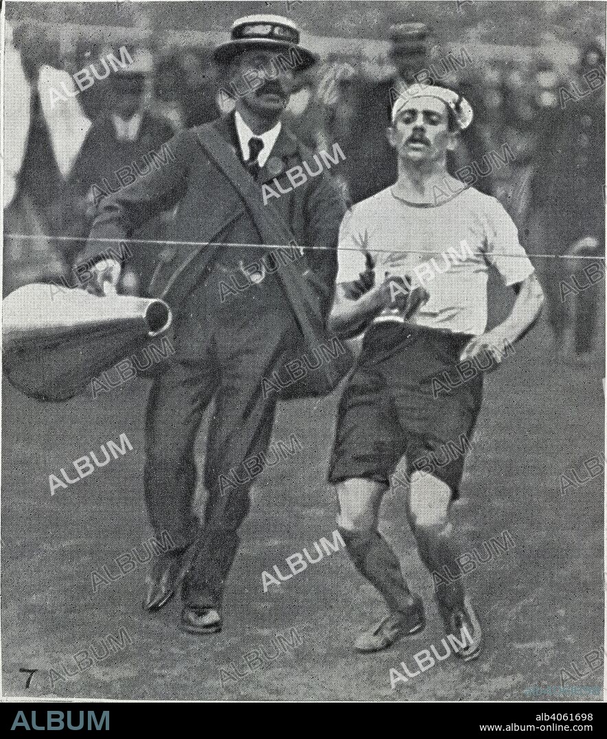 The Marathon of the 1908 Olympic games. Pietri Dorando breaks the tape absolutely first in 2 hours 54 minutes 46.2 seconds. Illustrated Sporting & Dramatic News. 01 August 1908. Source: Illustrated Sporting & Dramatic News 01 August 1908, p.888 detail.