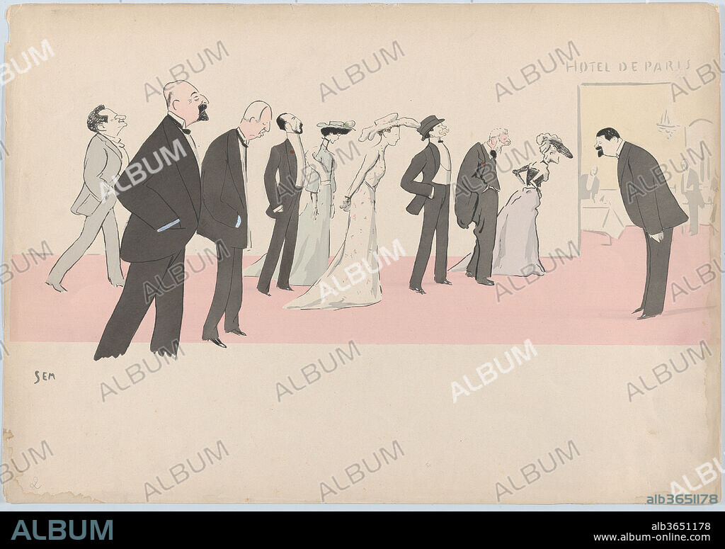 Hotel de Paris (with Grand Duke Nicholas, Duchess of Marlborough, Princess Hohelohe, Baron and Barone Alphonse de Rothschild and Lord Saville), from Monte Carlo, 2nd Serie. Artist: Georges Goursat [Sem] (French, Perigueux 1863-1934 Paris). Dimensions: sheet: 14 3/16 x 20 7/16 in. (36.1 x 51.9 cm). Date: ca. 1910.