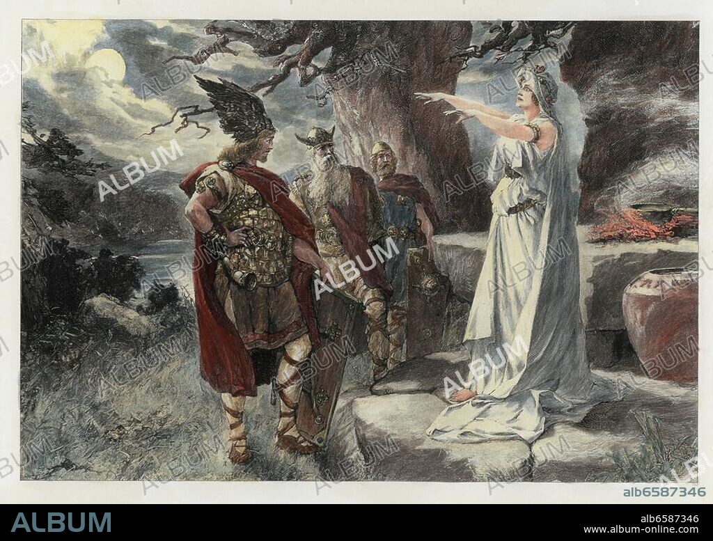 Armin, Cheruskerfürst, gen."Hermann der Cherusker". 16 v.Chr.-21 n.Chr.-" Armin bei der Seherin vor der Entscheidungsschlacht mit Germanicus".-( 16.n.Chr.). Holzstich, 1890, nach Zeichnung von Ferdinand Leeke ( 1859-1923). Aus: A.Bär u. a.Hrsg., Bildersaal deutscher Geschichte, Stuttgart Berlin Leipzig. Spätere ...