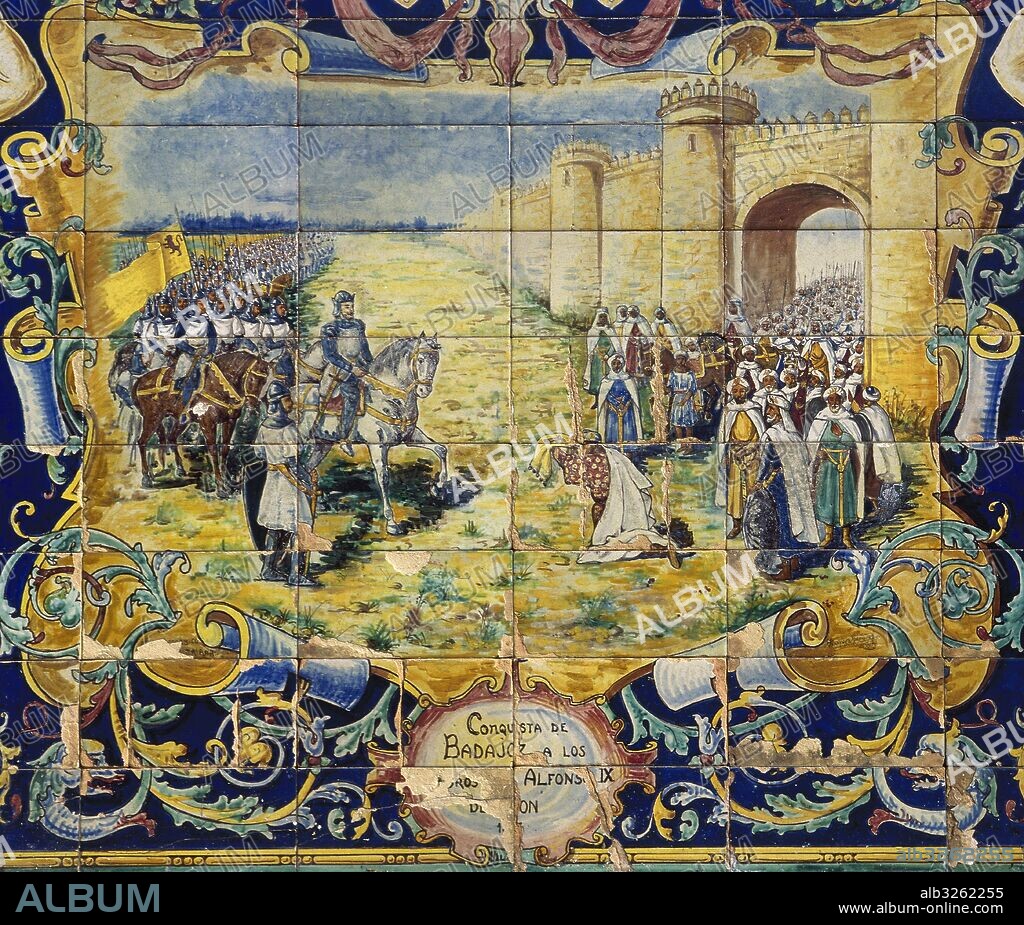 Alfonso IX de León (Zamora, 1171-Sarria, 1230). Rey de León (1188-1230). Recuperó para la Cristiandad varias ciudades de la mitad oeste de la actual Extremadura. Detalle de uno de los azulejos que se hallan en la Plaza España de Sevilla (Andalucía, España), con la representación de la conquista de Badajoz a los árabes por parte de Alfonso IX.
