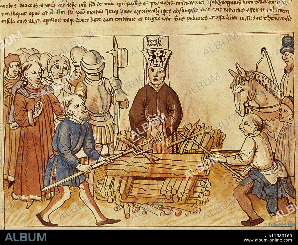 Jan Huss (1369-1415). Teólogo y filósofo checo. Reformador excomulgado en 1410 por propagar las doctrinas de Wycliffe. En 1414 asistió al Concilio de Constanza, donde fue juzgado y condenado a la hoguera por hereje. Este hecho desató la sublevación de sus seguidores, los husitas (1419-1434). El 6 de julio de 1415 fue quemado en la hoguera por herejía. Miniatura.
