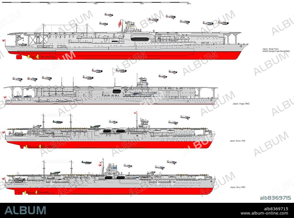The Imperial Japanese Navy aircraft carrier Akagi was constructed between 1920 and 1927, and served between 1927 and 1942. The Akagi participated in the attack on Pearl Harbour in December 1941, and was sunk at the Battle of Midway in June 1942.<br/><br/>. The Imperial Japanese Navy aircraft carrier Kaga was constructed between 1920 and 1928, and served between 1928 and 1942. The Kaga participated in the attack on Pearl Harbour in December 1941, and was sunk at the Battle of Midway in June 1942.<br/><br/>. The Imperial Japanese Navy aircraft carrier Soryu was constructed between 1934 and 1937, and served between 1927 and 1942. The Soryu participated in the attack on Pearl Harbour in December 1941, and was sunk at the Battle of Midway in June 1942.<br/><br/>. The Imperial Japanese Navy aircraft carrier Hiryu was constructed between 1934 and 1937, and served between 1927 and 1942. The Hiryu participated in the attack on Pearl Harbour in December 1941, and was sunk at the Battle of Midway in June 1942.