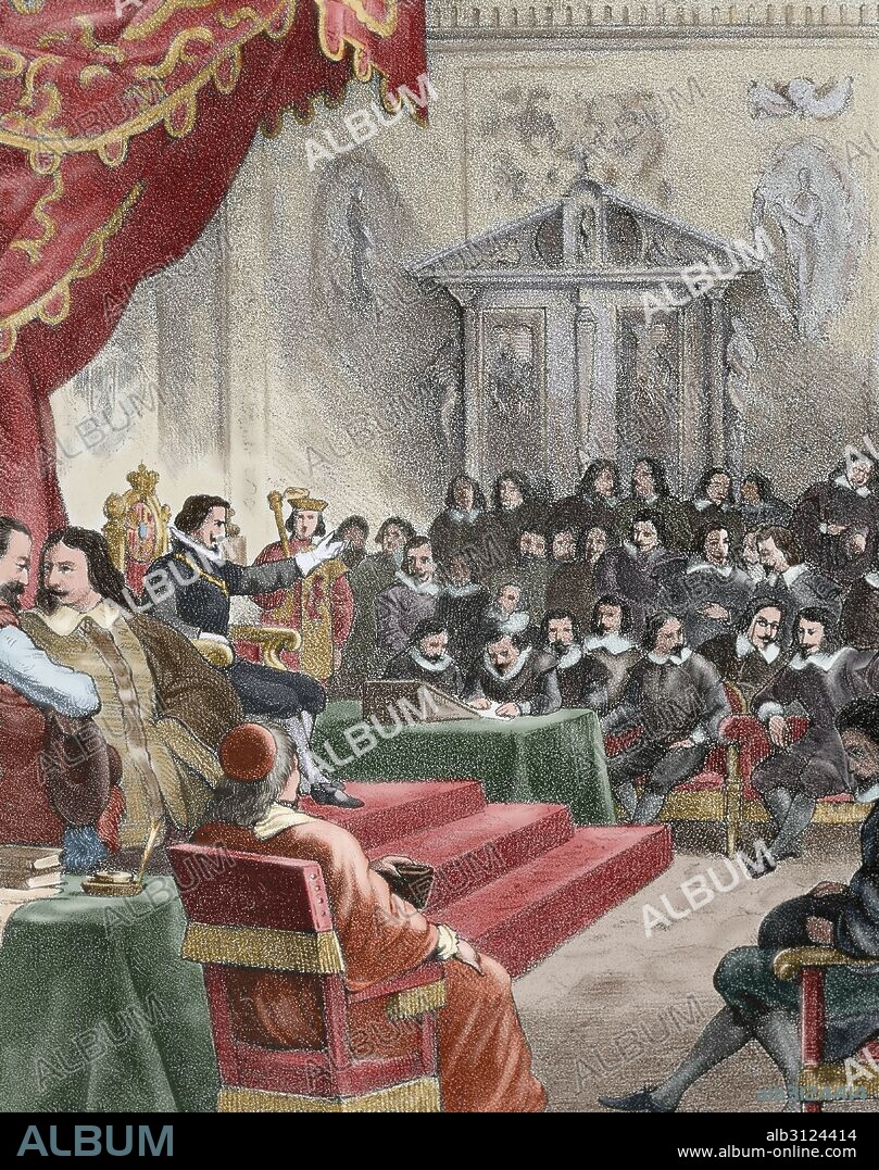 HISTORIA DE ESPAÑA. REINADO DE FELIPE IV (1605-1665). CORTES DE CASTILLA CELEBRADAS EN 1636, bajo la monarquía austríaca de Felipe IV. Grabado de "Historia de España", del siglo XIX. Coloreado.
