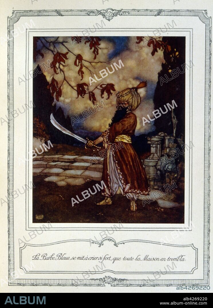 Illustration for "Bluebeard" (Barbe bleue), a French folktale, written by Charles Perrault and first published by Barbin in Paris in 1697 in Histoires ou contes du temps passe. The tale tells the story of a wealthy violent man in the habit of murdering his wives and the attempts of one wife to avoid the fate of her predecessors.