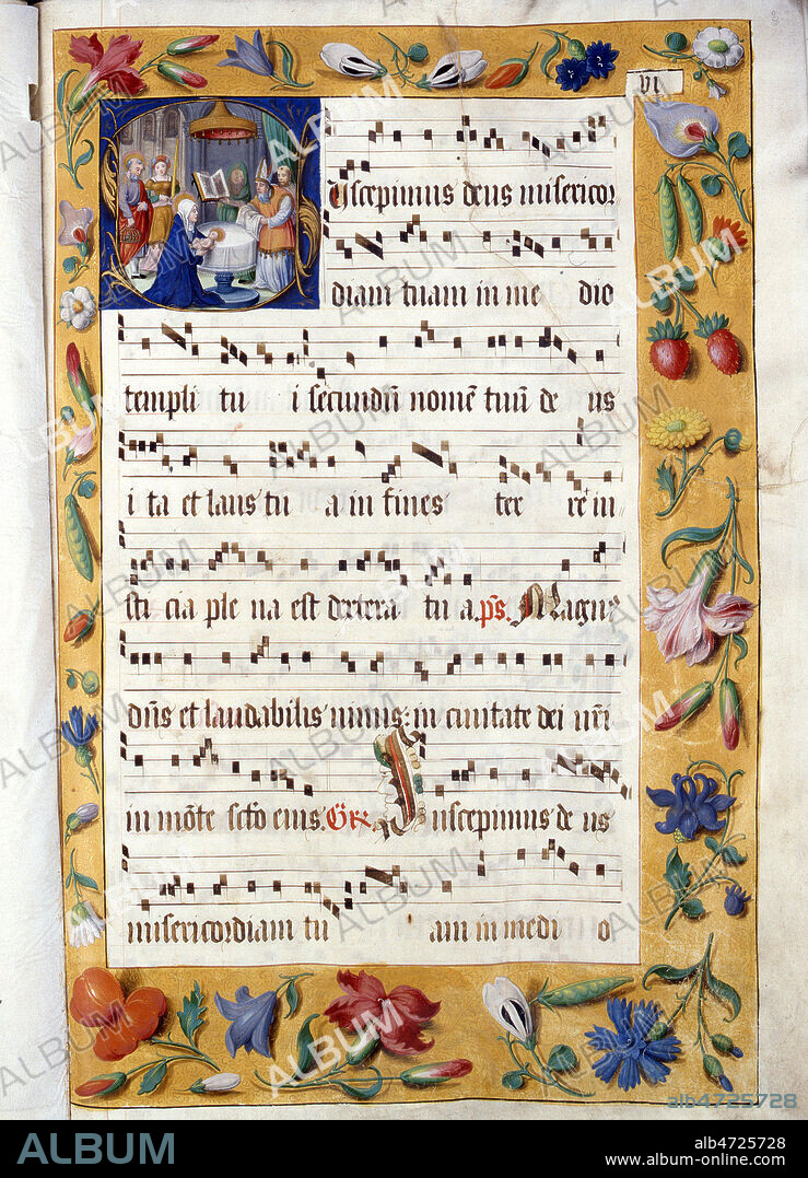 Presentation de l'Enfant Jesus au Temple au prete Simon accompagne entre autre de Marie et de Joseph. Graduel romain de 1546 peint a Valenciennes par Hubert CAILLEAU, Marchiennes, XVIeme siecle. Bibliotheque municipale de Douai. Credit: Cheuva / KHARBINE-TAPABOR.