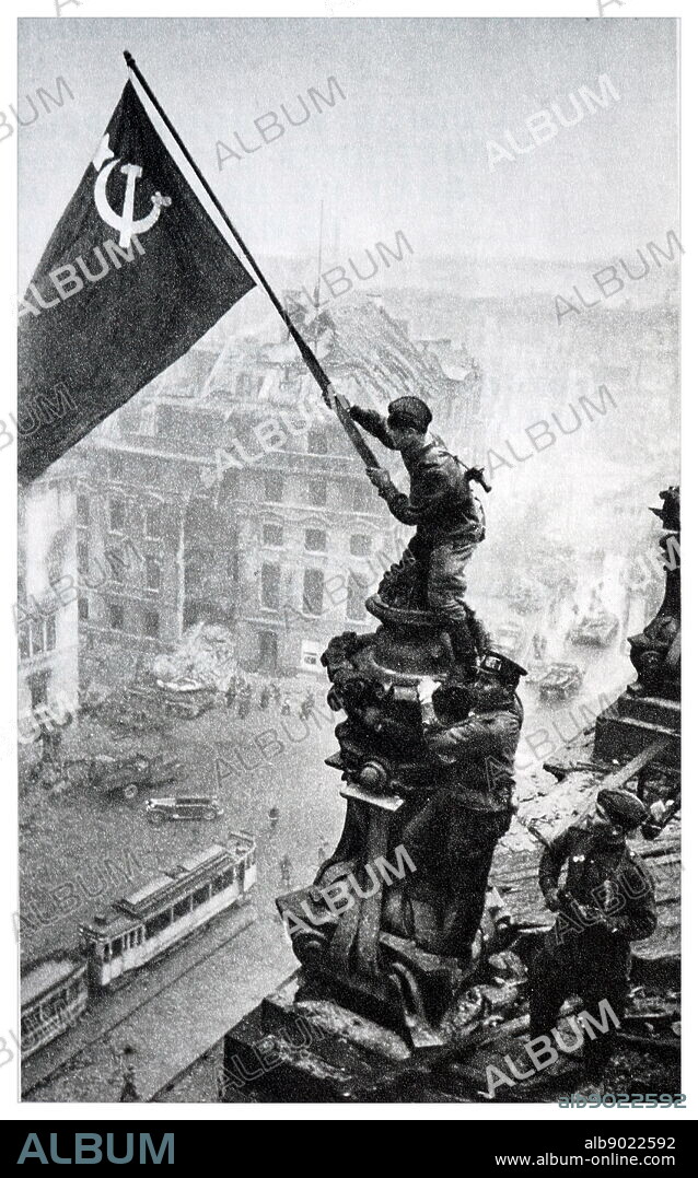 Banner over the Reichstag in honor of the capture of Berlin by Russian forces 1945.