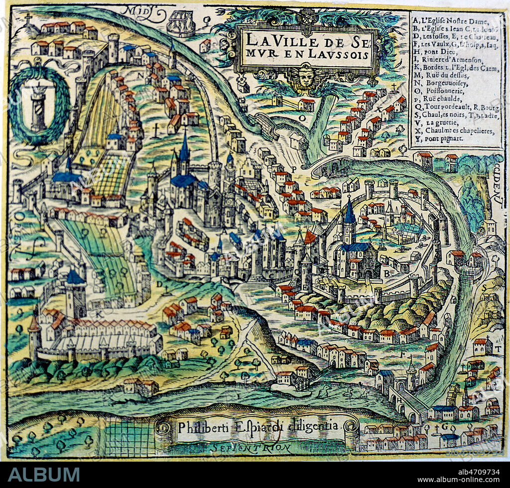 La ville de Semur en Laussois, (Semur en Auxois ) en Bourgogne, Cote-d'or Carte ou plan realise avant 1602, date a laquelle le donjon fut demantele (par Henry IV) fin 16eme siecle, debut 17eme siecle. Collection Lallement de Betz XXI 493 . Credit Collection JEAN VIGNE/ KHARBINE TAPABOR.