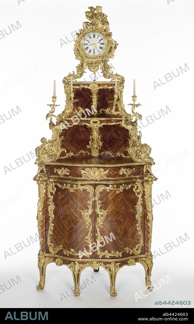 Corner Cupboard, Cabinet by Jacques Dubois (French, 1694 - 1763 (master 1742)), clock movement by Étienne Le Noir II (French, 1699 - 1778 (master 1717)), clock dial enameled by Antoine-Nicolas Martinière (French, 1706 - 1784 (master 1720)), design for the cabinet attributed to Nicolas Pineau (French, 1684 - 1754), Paris, France, about 1744 - 1755, dial 1744, Oak, mahogany, and spruce veneered with bloodwood, tulipwood, wamara, and kingwood, gilt-bronze mounts, enameled metal clock dial, glass, 289.5 x 129.5 x 72.4 cm (114 x 51 x 28 1/2 in.).